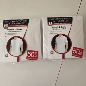 New Lot Of 6 Mens L Roundtree and Yorke V-Neck T-Shirts White 100% Cotton